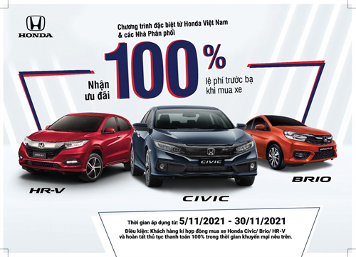 Hỗ trợ 100% lệ phí trước bạ cho khách hàng mua xe Honda Ôtô - Civic, HR-V, Brio